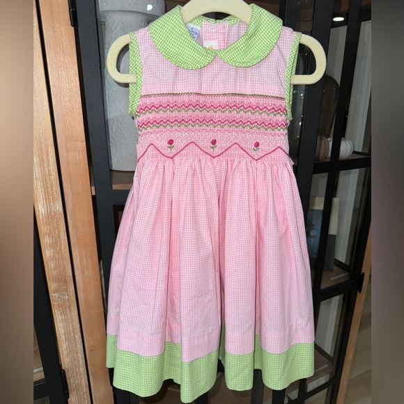 Anavini smock rosettes dress toddler girl peterpan collar embroidered bow floral - Picture 7 of 7